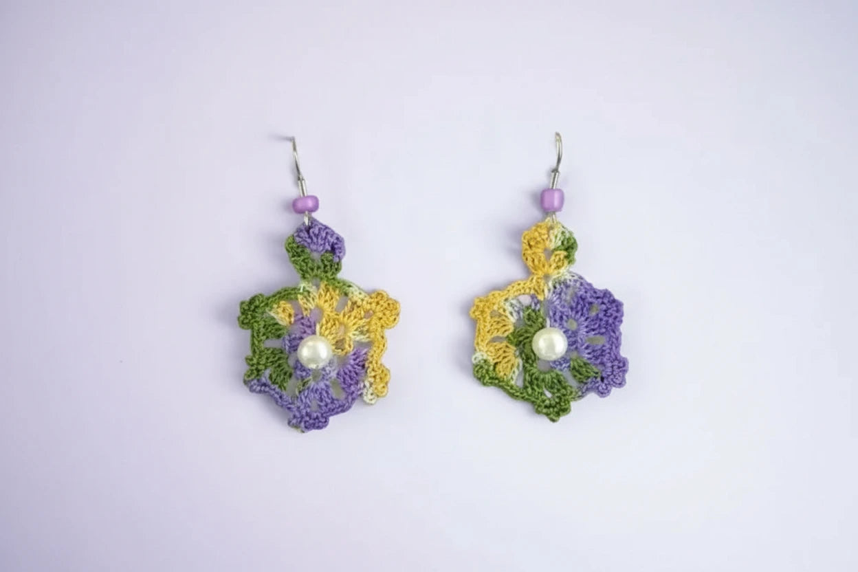 Handmade Vintage Crochet Fan Earrings with Pearl Beads