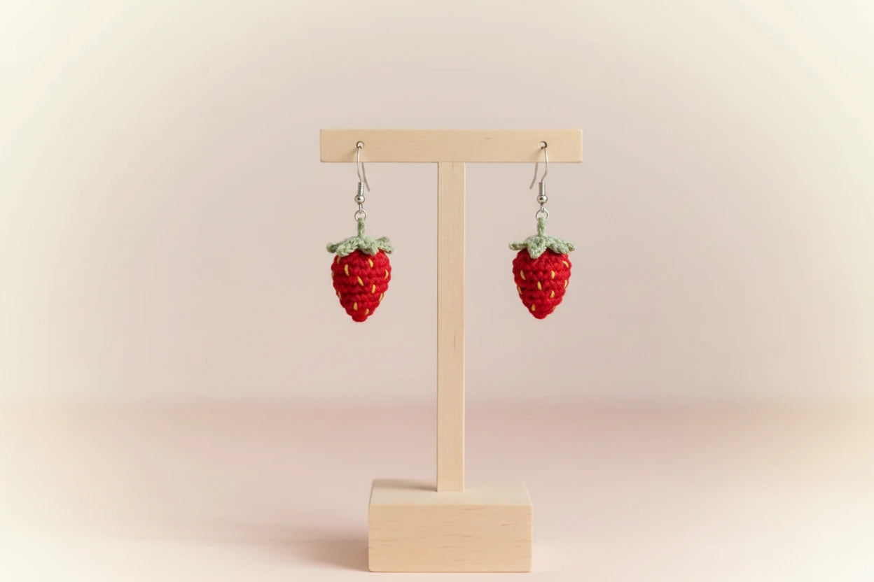 Handmade Strawberry Crochet Earrings – 4 Pairs Set