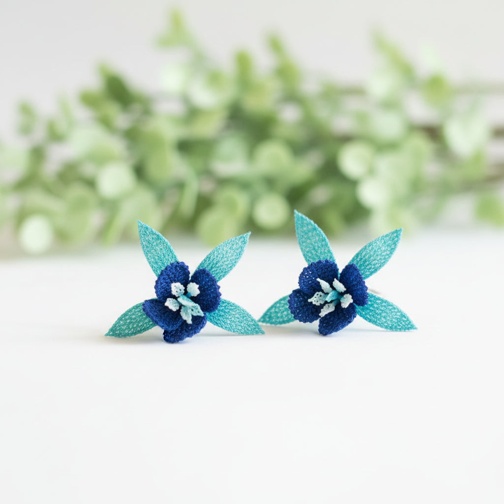 Handmade blue 3D floral crochet dangle earrings with layered petals, lightweight boho statement earrings for women