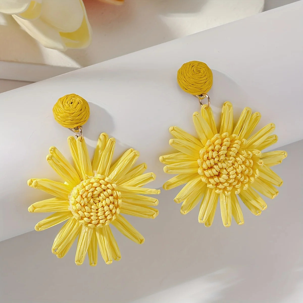 Women’s Bohemian Raffia Sunflower Drop Earrings – Handmade Vacation Jewelry