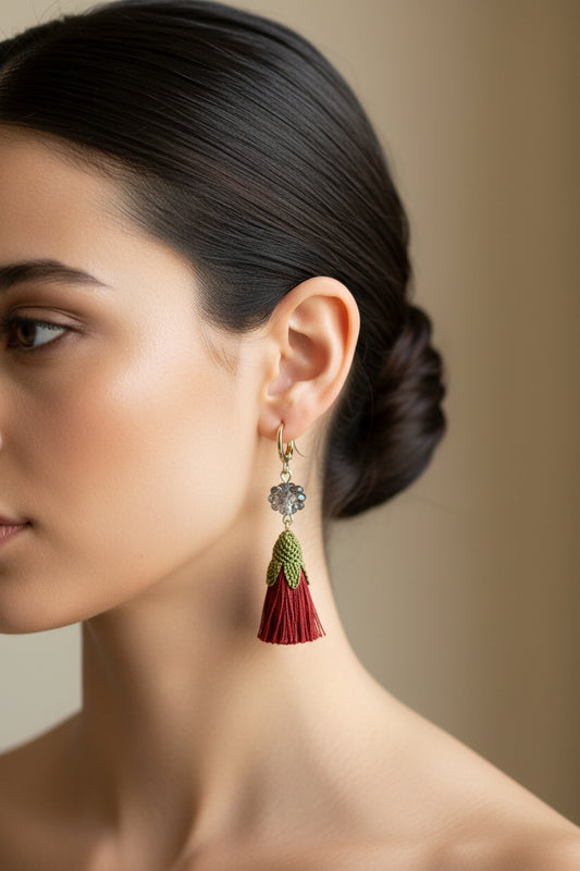 Handmade floral tassel dangle earrings with red tassels, green crochet flower cap and crystal bead accent, lightweight boho earrings for women
