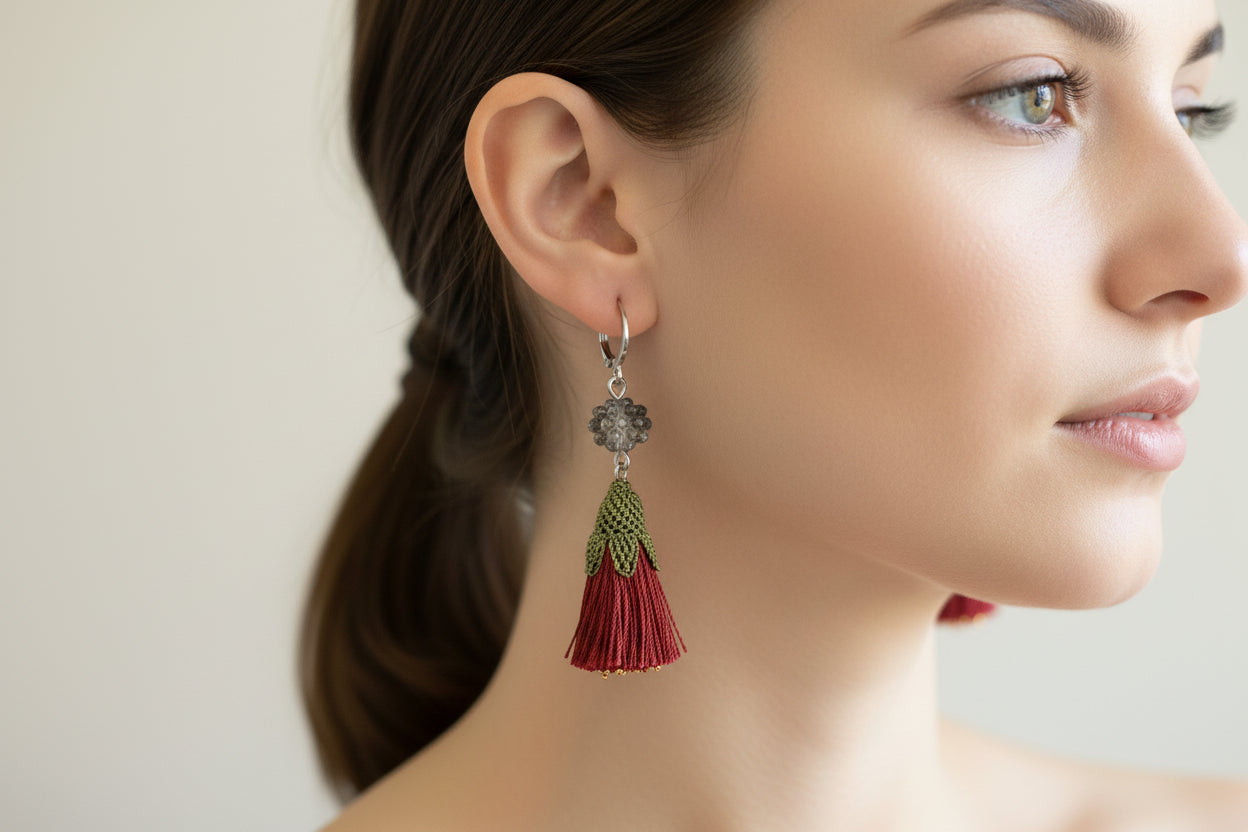 Handmade floral tassel dangle earrings with red tassels, green crochet flower cap and crystal bead accent, lightweight boho earrings for women