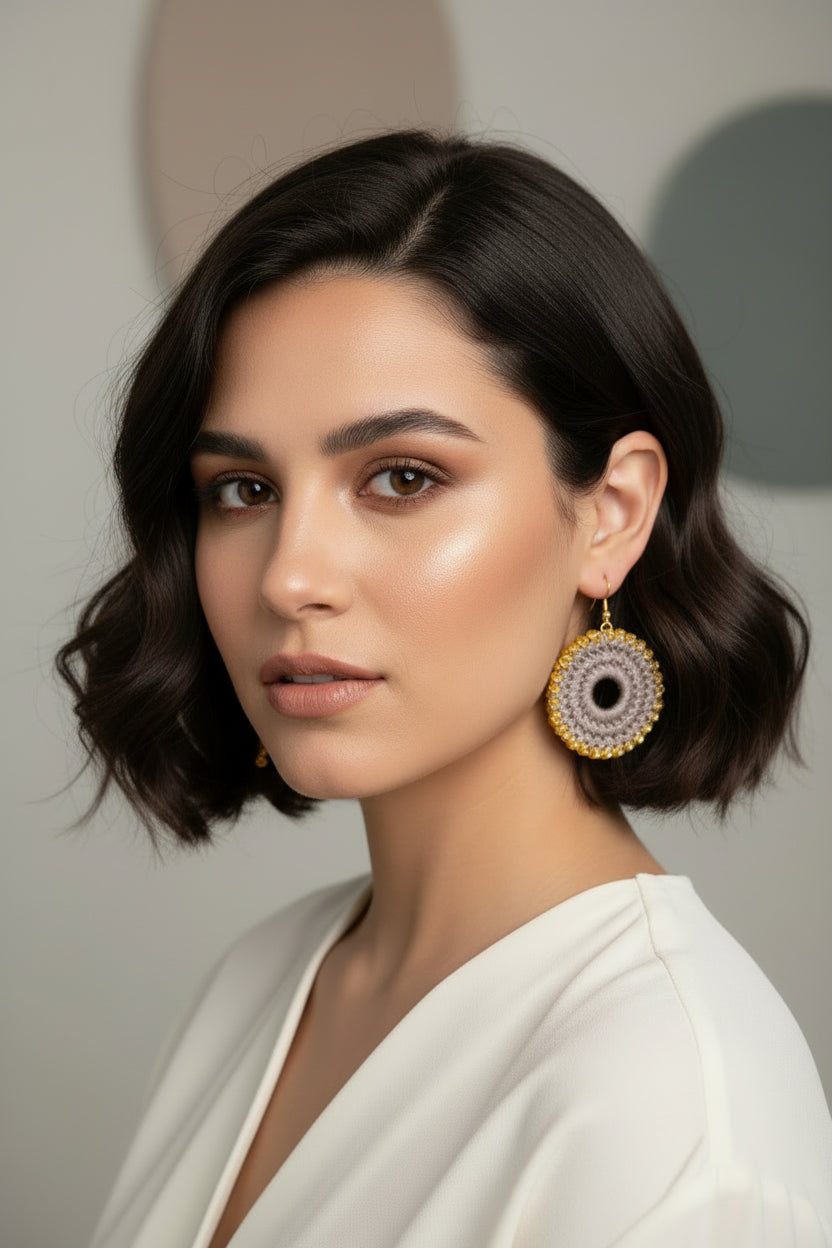 Women’s Handmade Rose Crochet Dangling Earrings – Circular Knit Design