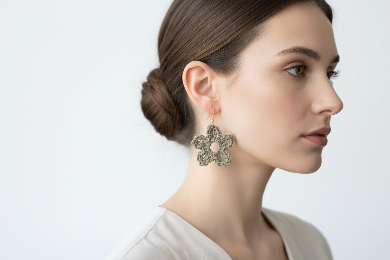 Women’s Handmade Raffia Flower Earrings – Crochet Boho Dangle Design