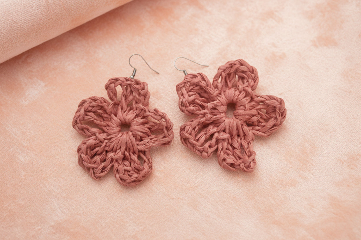 Women’s Handmade Raffia Flower Earrings – Crochet Boho Dangle Design