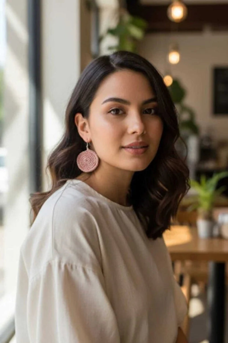 Handmade Crochet Round Rose Earrings for Women