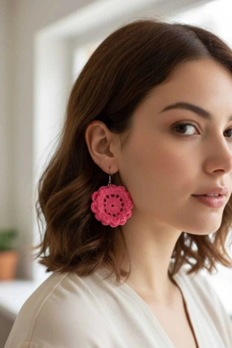 Handmade Pink Crochet Flower Earrings for Women