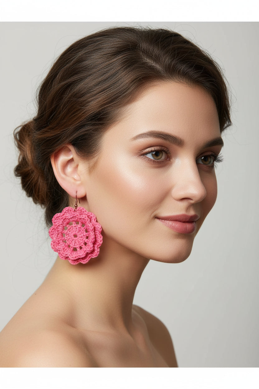 Handmade Pink Crochet Flower Earrings for Women