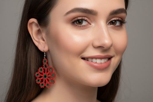 Women’s Handmade Red & Green Daisy Earrings – Artisan Floral Design