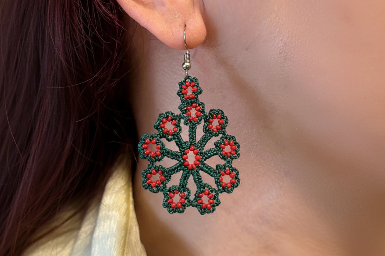 Handmade Red & Green Daisy Earrings for Women