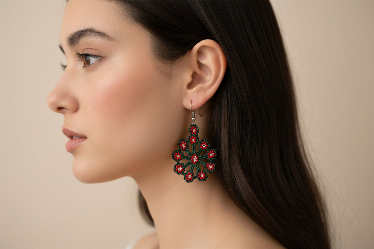 Handmade Red & Green Daisy Earrings for Women