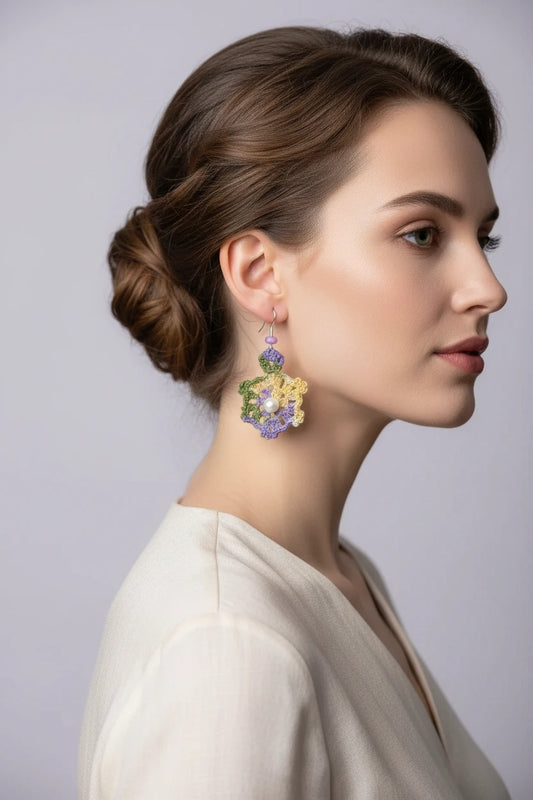 Handmade Vintage Crochet Fan Earrings with Pearl Beads