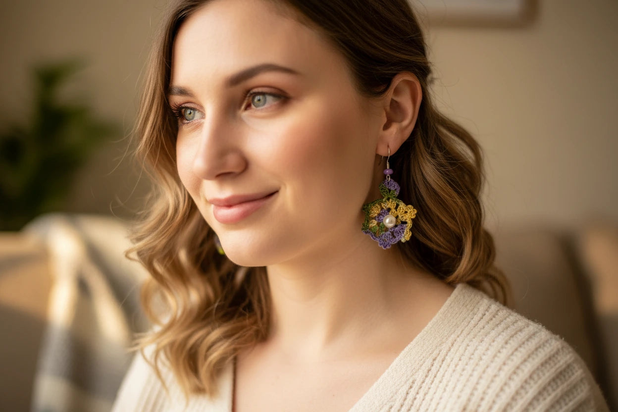 Handmade Vintage Crochet Fan Earrings with Pearl Beads