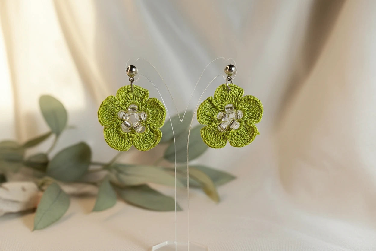 Women’s Handmade Colorful Crochet Flower Earrings – Boho Summer Drop Design