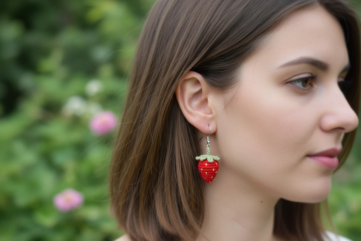 Handmade Strawberry Crochet Earrings – 4 Pairs Set