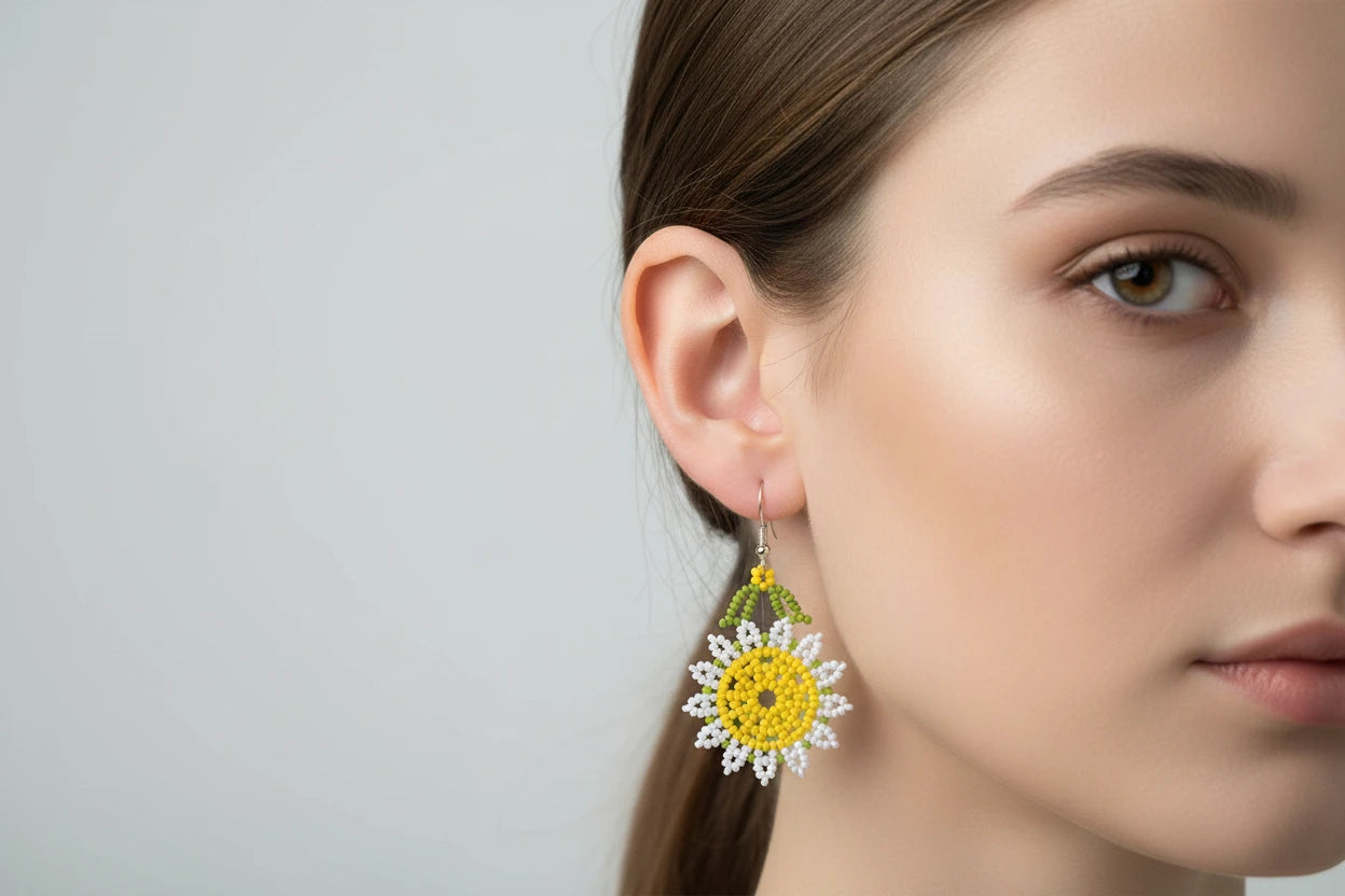 Women’s Handmade Sunflower Seed Bead Earrings – Boho Floral Design
