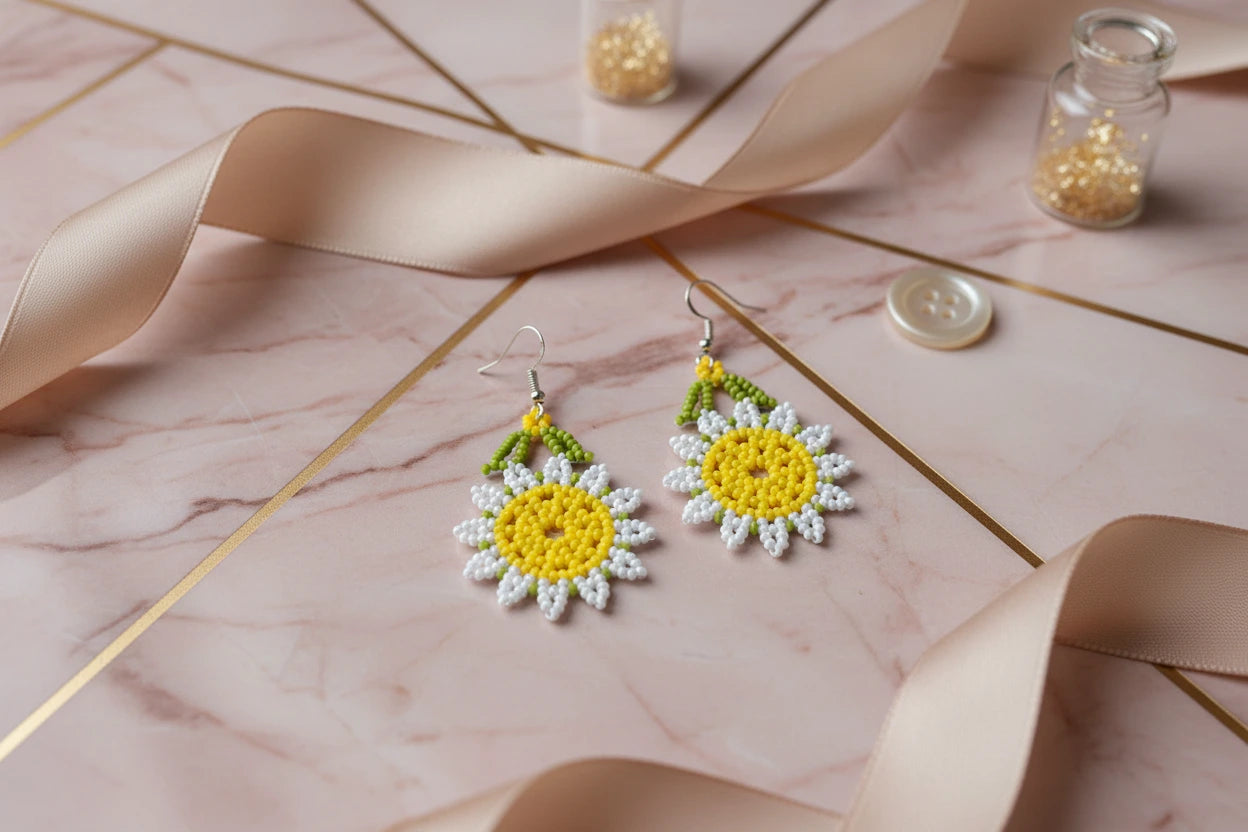 Women’s Handmade Sunflower Seed Bead Earrings – Boho Floral Design