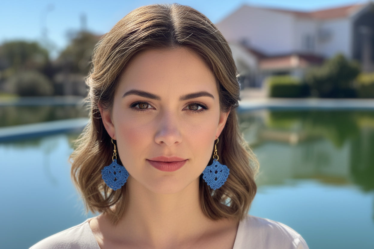 Women’s Handmade Blue & Red Crochet Earrings – Boho Thread Hoop Design