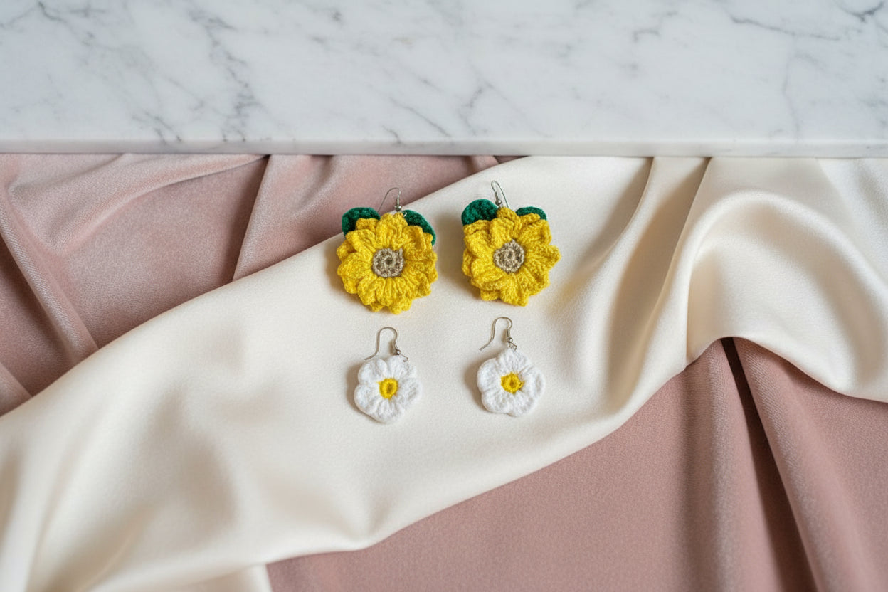 Handmade Daisy Crochet Earrings – 2-Pair Set for Women