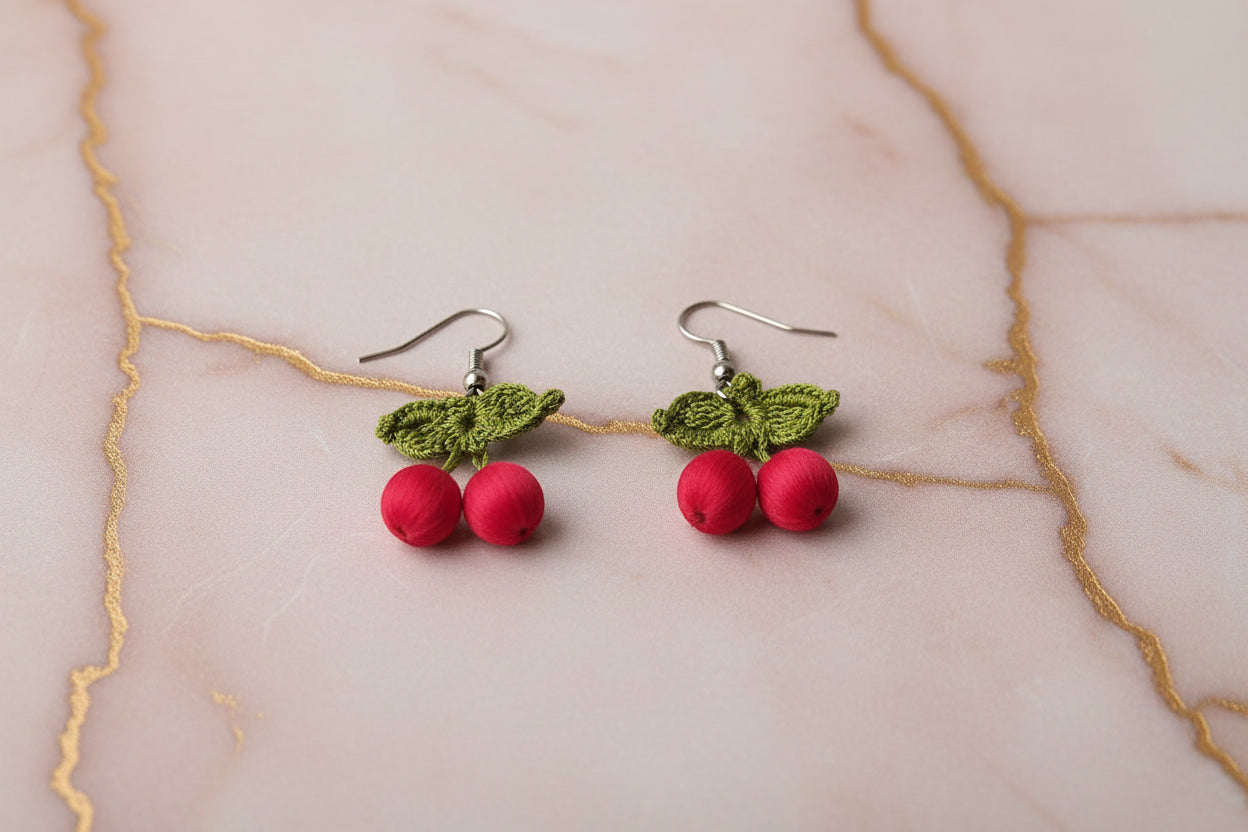 Handmade Cherry Oya Needle Lace Earrings for Women – Boho