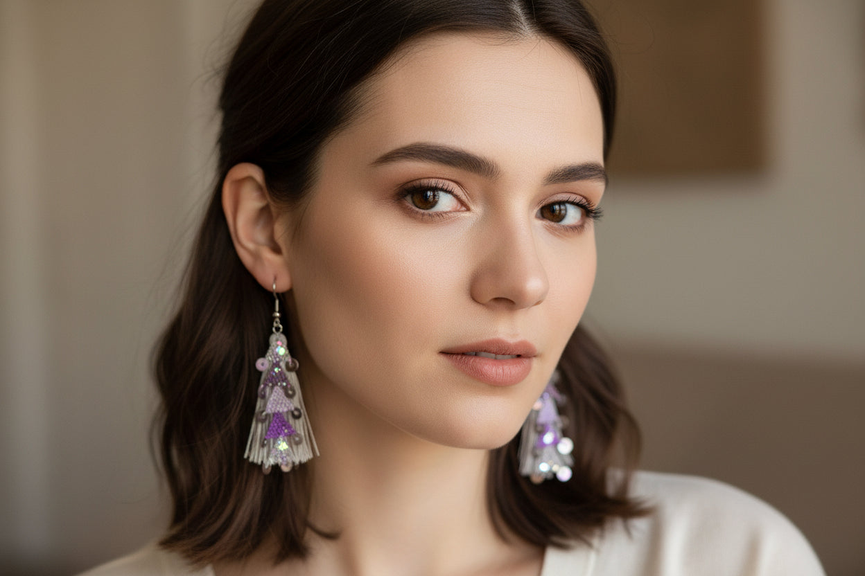 Handmade crochet tassel dangle earrings with layered crochet and silver disc accents, lightweight boho earrings for women