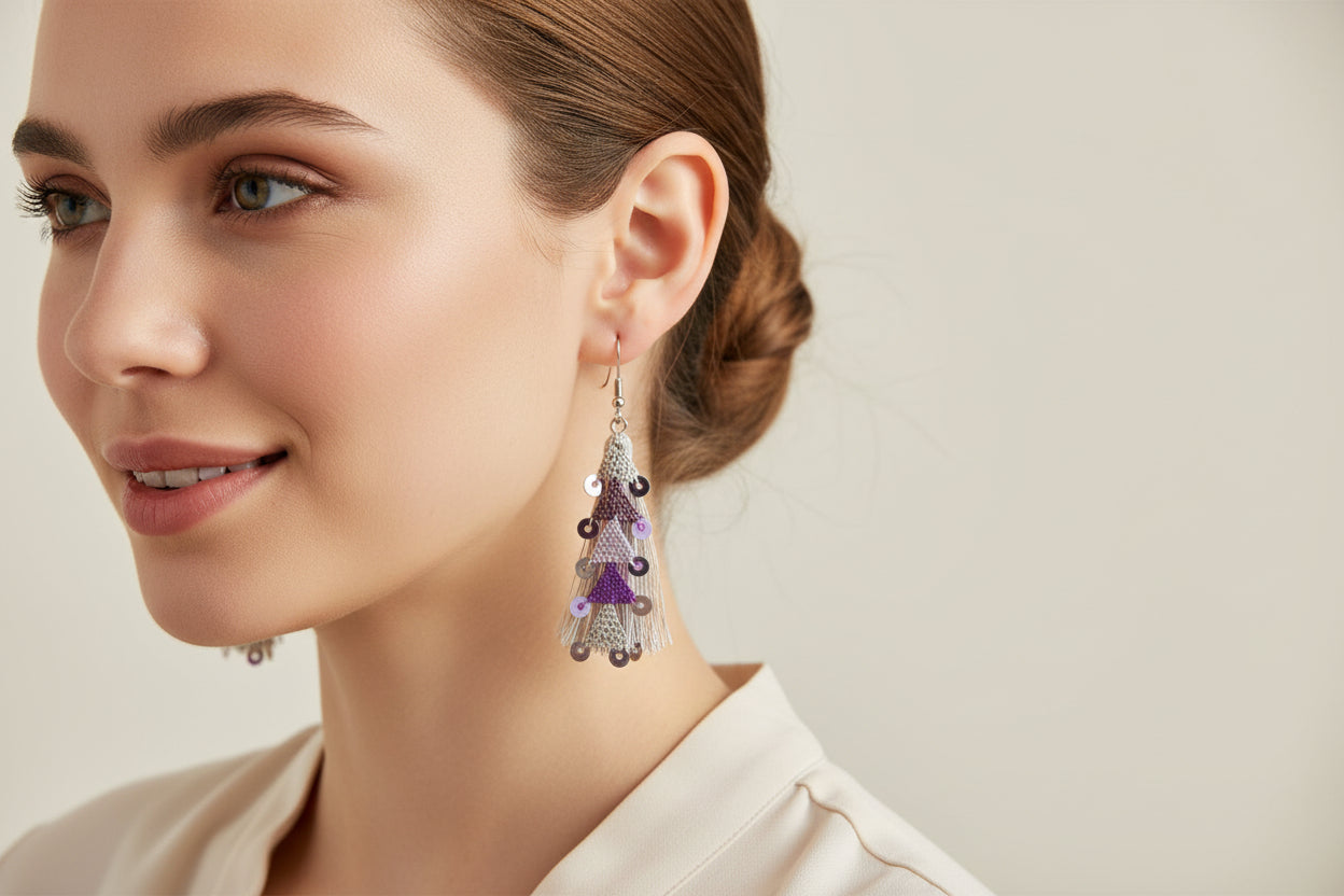 Handmade crochet tassel dangle earrings with layered crochet and silver disc accents, lightweight boho earrings for women