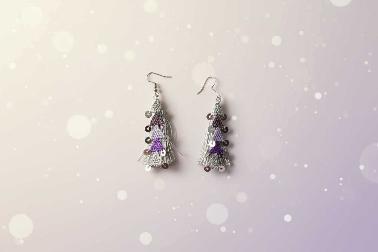 Handmade crochet tassel dangle earrings with layered crochet and silver disc accents, lightweight boho earrings for women