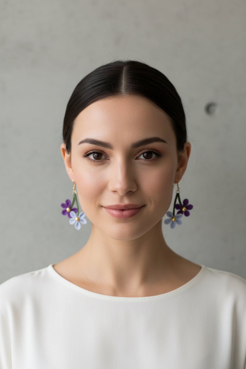 Handmade purple and blue floral crochet dangle earrings with gold bead center, lightweight boho flower earrings for women