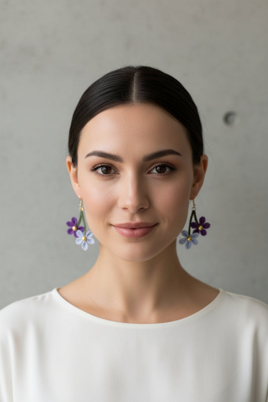 Handmade purple and blue floral crochet dangle earrings with gold bead center, lightweight boho flower earrings for women