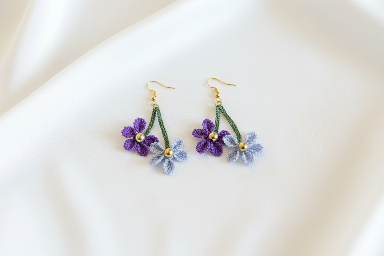 Handmade purple and blue floral crochet dangle earrings with gold bead center, lightweight boho flower earrings for women