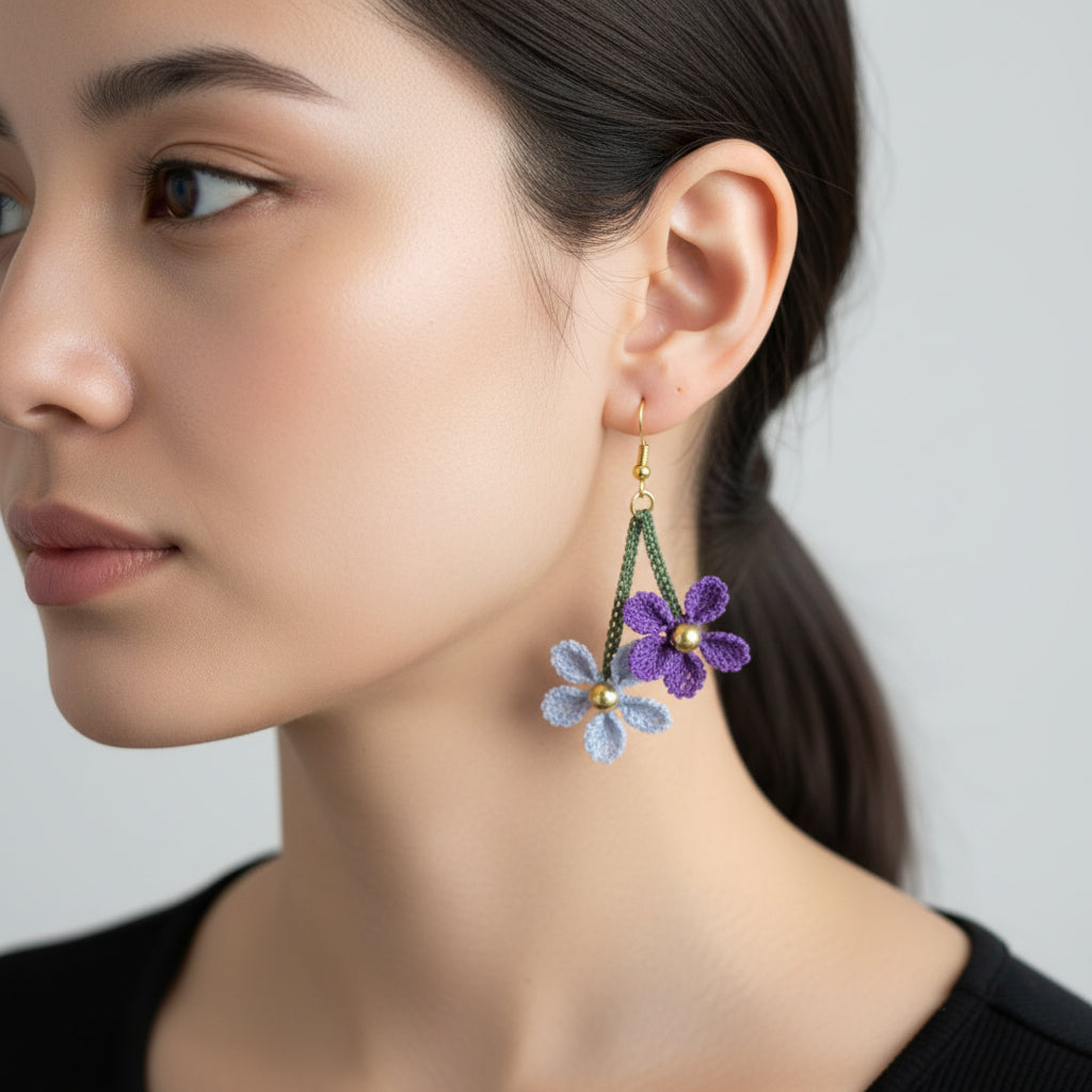 Handmade purple and blue floral crochet dangle earrings with gold bead center, lightweight boho flower earrings for women