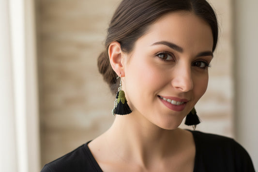 Handmade black tassel crochet dangle earrings with green crochet top and silver leaf charm, lightweight boho earrings for women