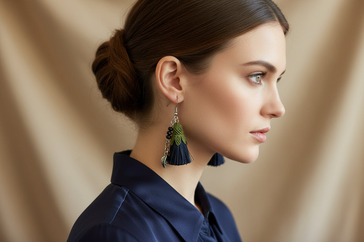 Handmade black tassel crochet dangle earrings with green crochet top and silver leaf charm, lightweight boho earrings for women