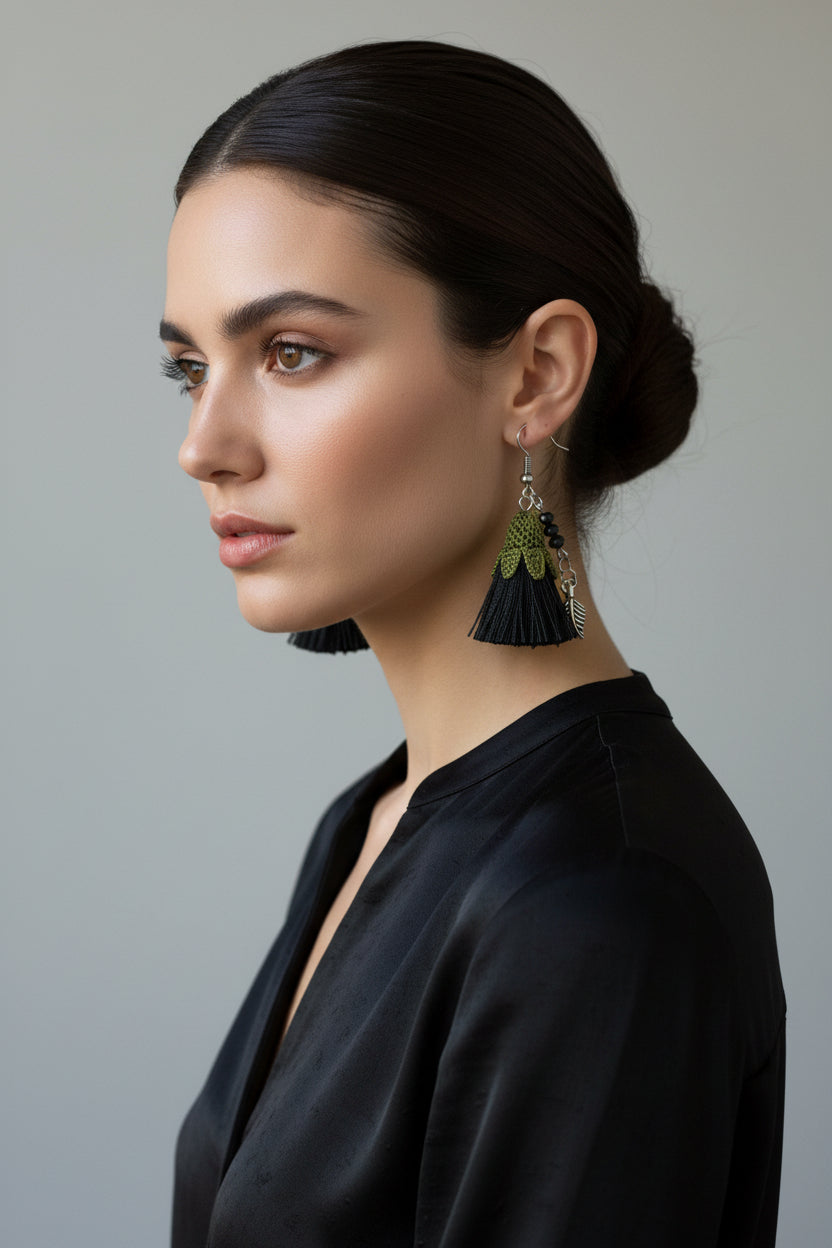 Handmade Black Tassel Crochet Dangle Earrings for Women