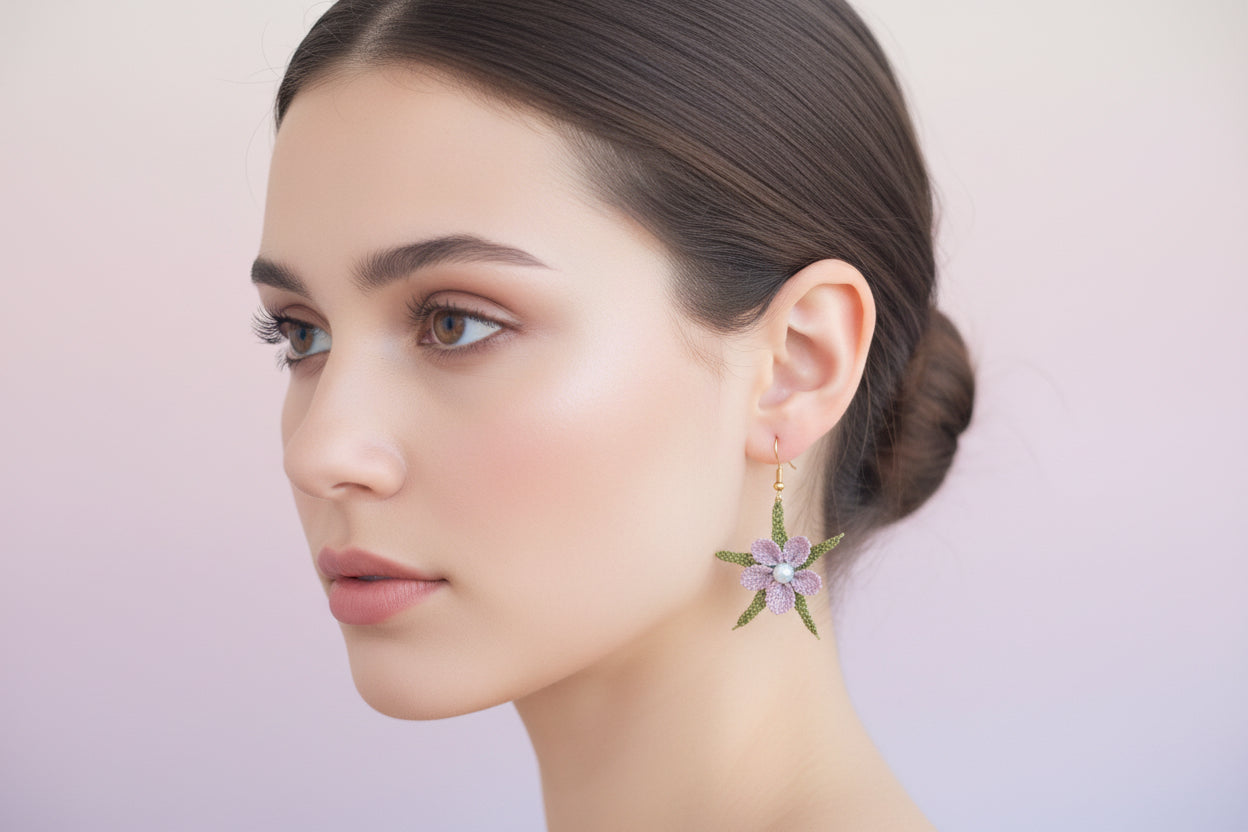 Handmade pastel floral crochet dangle earrings with lilac flower, green leaf accents and pearl center, lightweight boho earrings for women