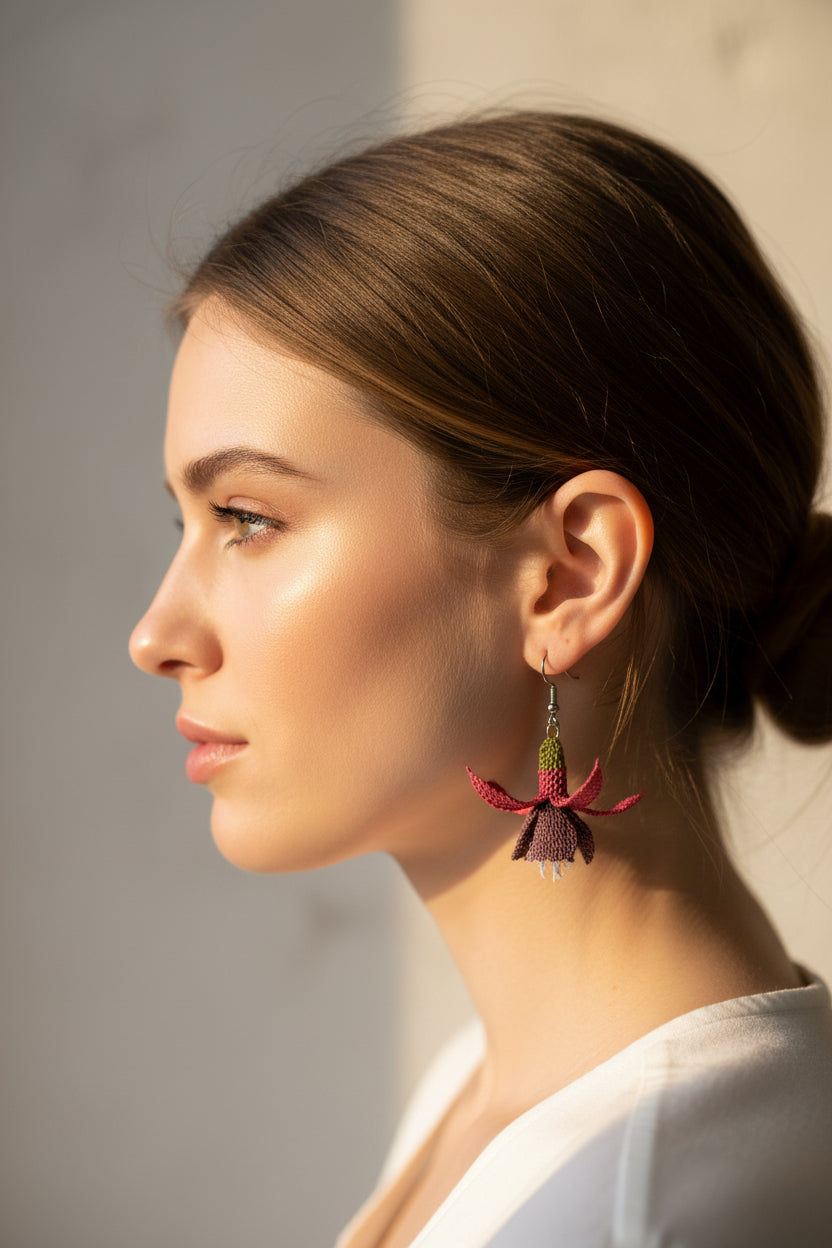 Handmade 3D floral crochet dangle earrings with layered petals in pink and burgundy tones, lightweight boho earrings for women