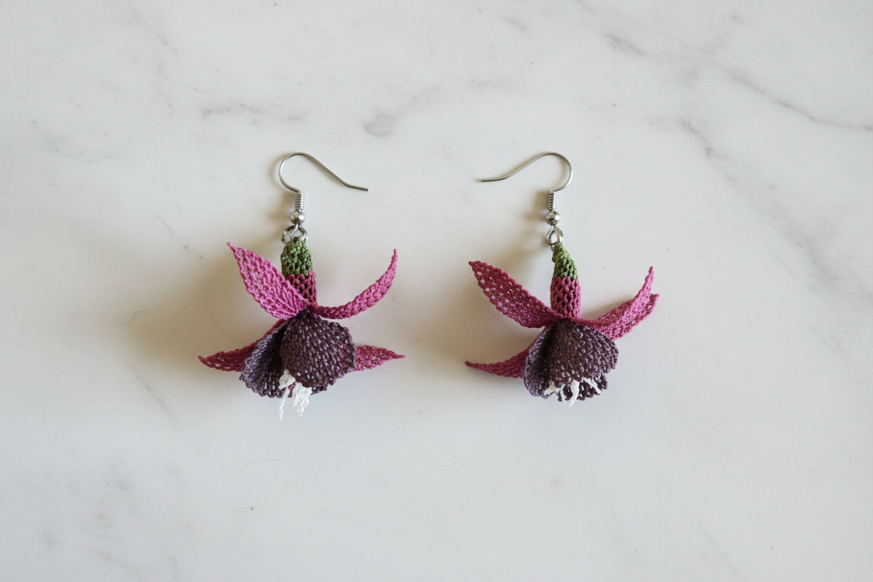 Handmade 3D floral crochet dangle earrings with layered petals in pink and burgundy tones, lightweight boho earrings for women