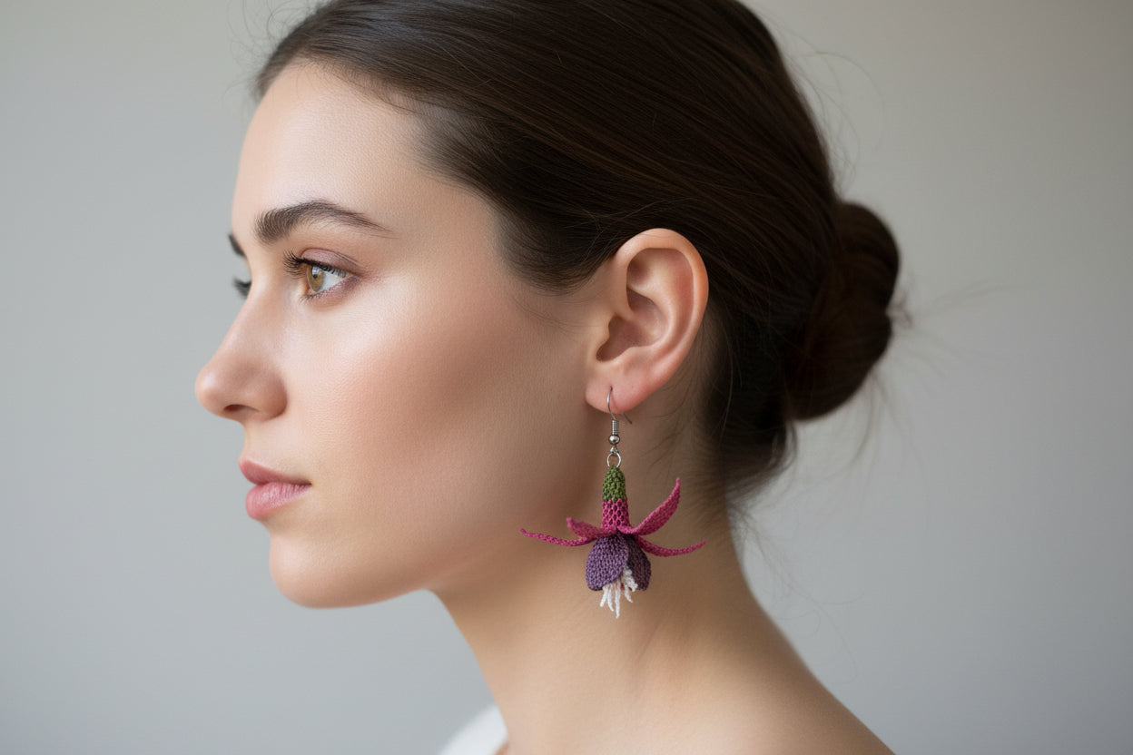 Handmade 3D floral crochet dangle earrings with layered petals in pink and burgundy tones, lightweight boho earrings for women