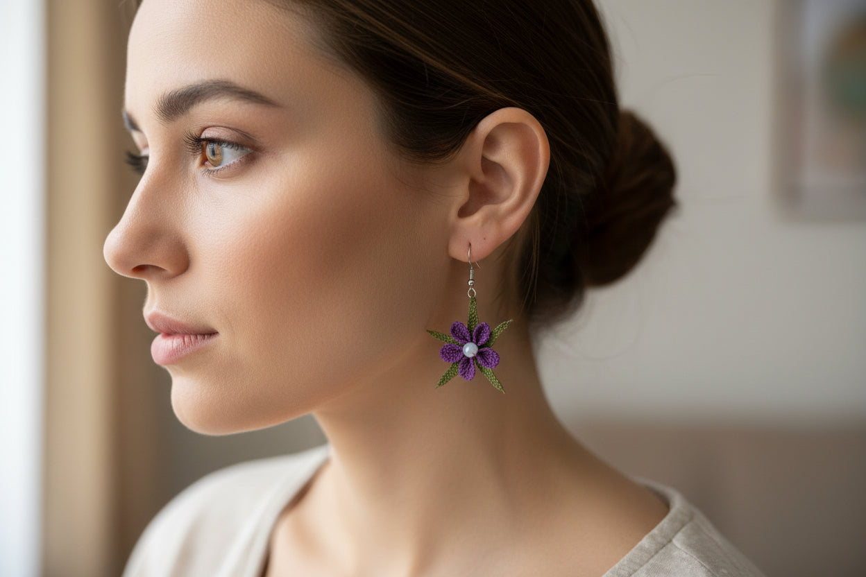 Handmade Purple Floral Crochet Dangle Earrings for Women