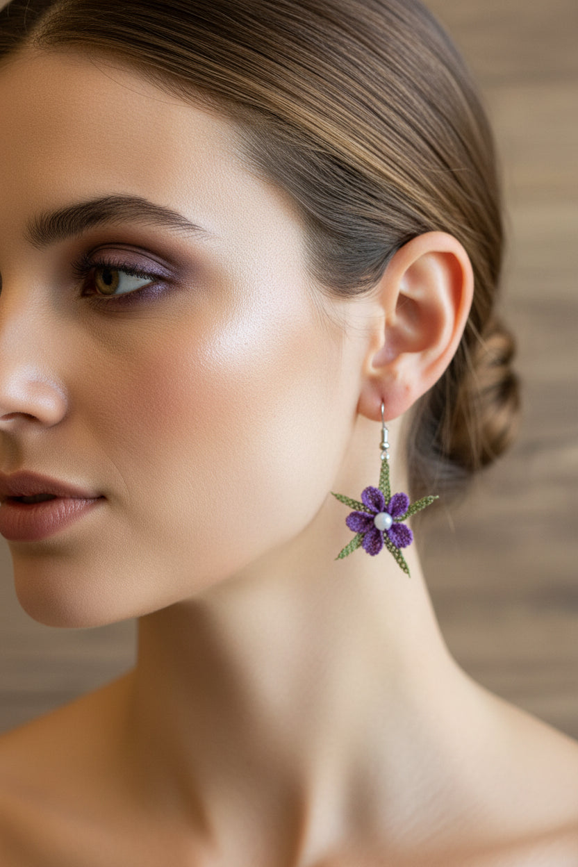 Handmade Purple Floral Crochet Dangle Earrings for Women