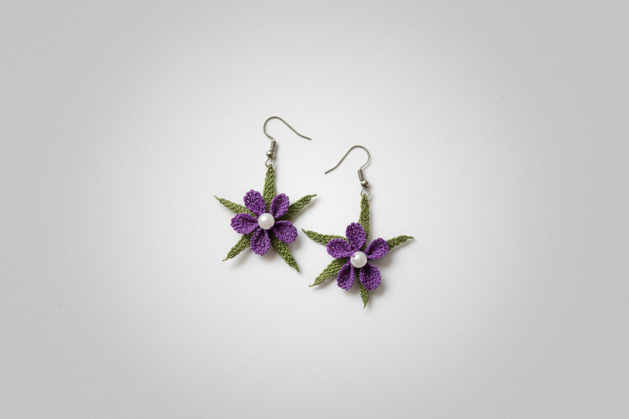 Handmade Purple Floral Crochet Dangle Earrings for Women