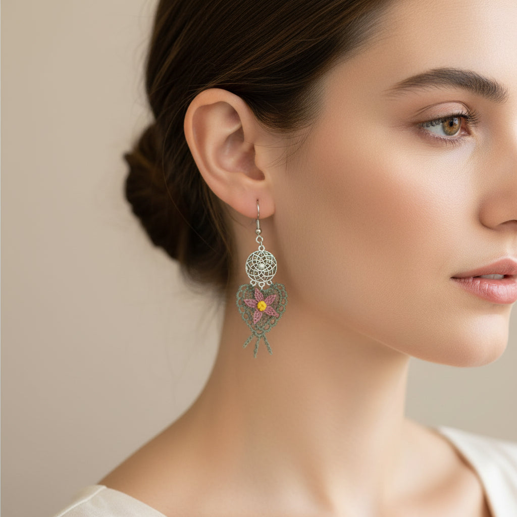 Handmade dreamcatcher floral crochet dangle earrings with green crochet base and pink flower, lightweight boho earrings for women
