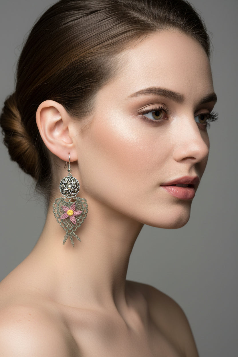 Handmade dreamcatcher floral crochet dangle earrings with green crochet base and pink flower, lightweight boho earrings for women