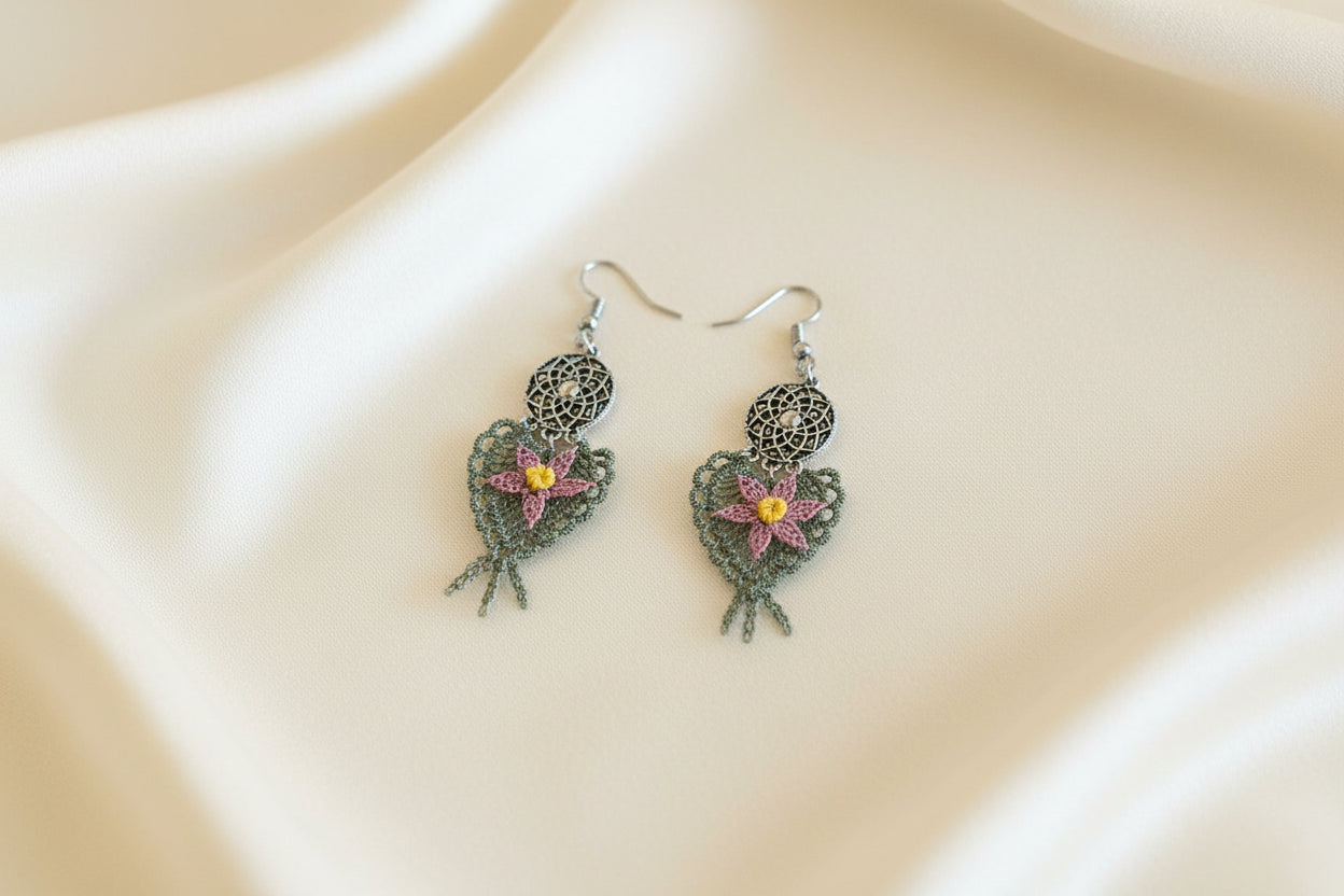 Handmade dreamcatcher floral crochet dangle earrings with green crochet base and pink flower, lightweight boho earrings for women