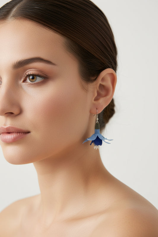 Handmade blue 3D floral crochet dangle earrings with layered petals, lightweight boho statement earrings for women