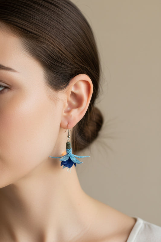 Handmade blue 3D floral crochet dangle earrings with layered petals, lightweight boho statement earrings for women