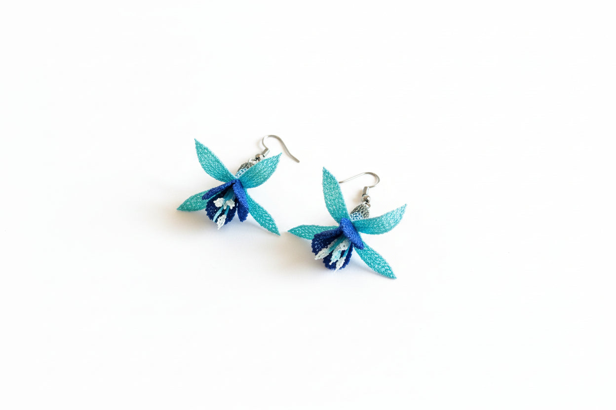 Handmade blue 3D floral crochet dangle earrings with layered petals, lightweight boho statement earrings for women