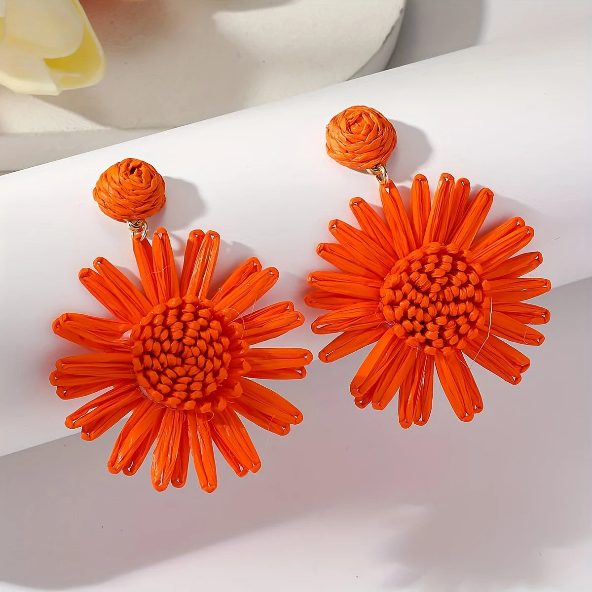 Women’s Bohemian Raffia Sunflower Drop Earrings – Handmade Vacation Jewelry