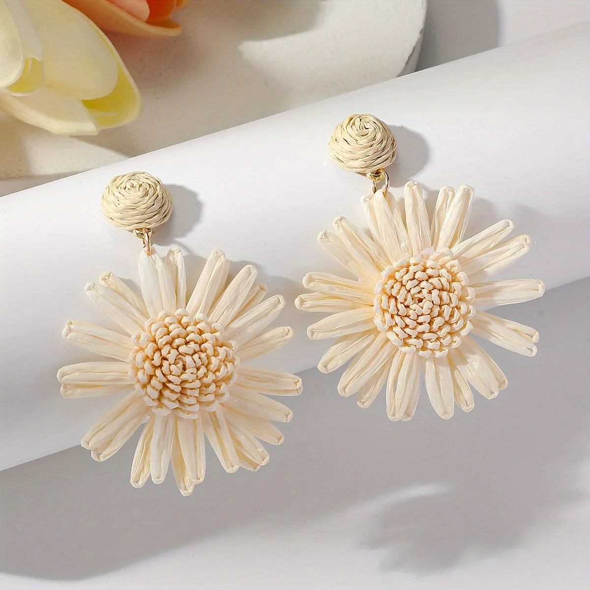 Women’s Bohemian Raffia Sunflower Drop Earrings – Handmade Vacation Jewelry
