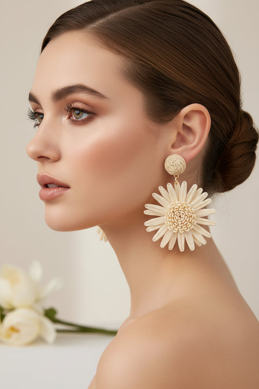 Women’s Bohemian Raffia Sunflower Drop Earrings – Handmade Vacation Jewelry